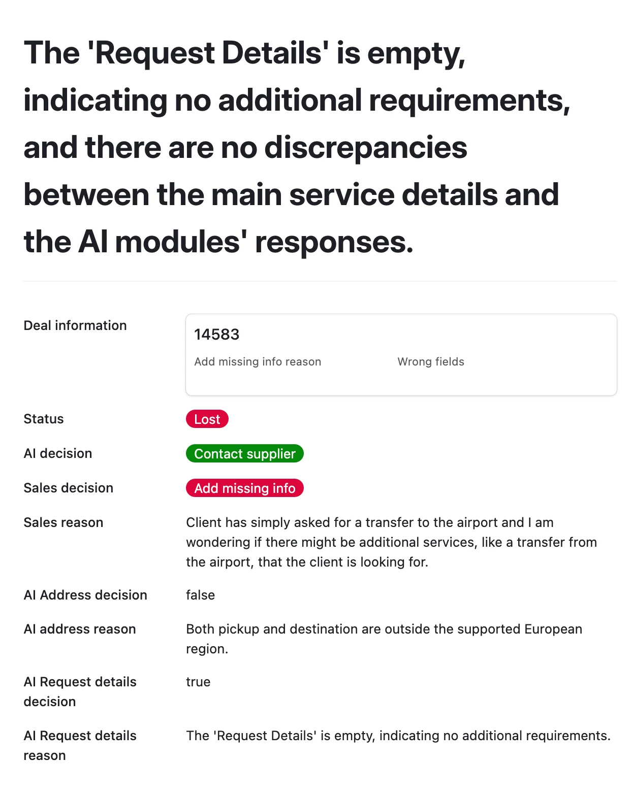 Karta leada 14583 w dashboardzie: AI wybrało Contact supplier, handlowiec Add missing info, status Lost, z uzasadnieniem handlowca i AI